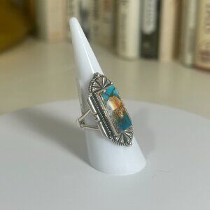 💍 Spiny Turquoise Ring Sterling Silver - Art Deco Setting Style - Sz: 8